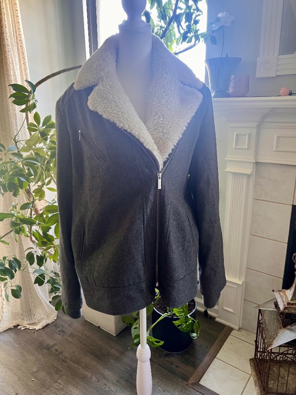 French Connection asymmetrical zip moto sherpa collar jacket